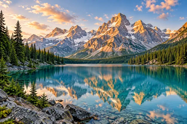 Alpine mountains and a clear lake at sunset